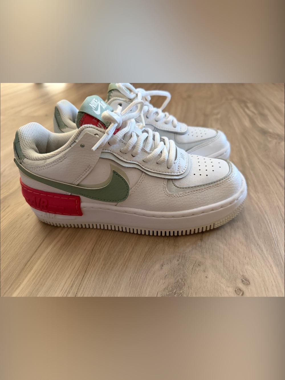 Nike AF1 White Sneakers with Green Swoosh and pink Heel Tab